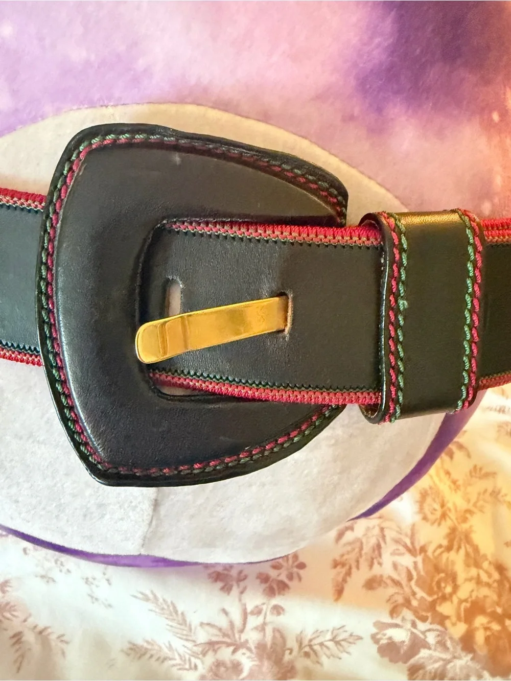 Vintage DKNY Women's Belt Size L Black Red/Green Stitch Made in Italy